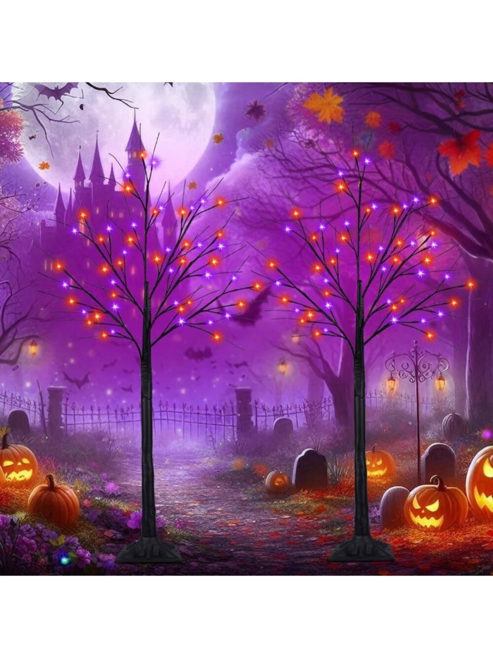 2 Pack 4FT Black Halloween Tree with 100 LED Orange & Purple Lights - Spooky